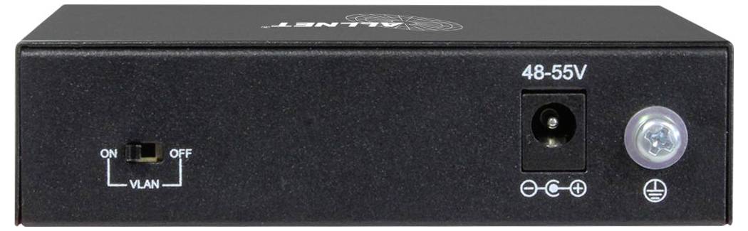 Schwarzes VLAN-Netzwerkgerät mit Frontplatte, Ein-/Ausschalter, 48-55V Stromanschluss, Statusleuchte und Erdungssymbol.
