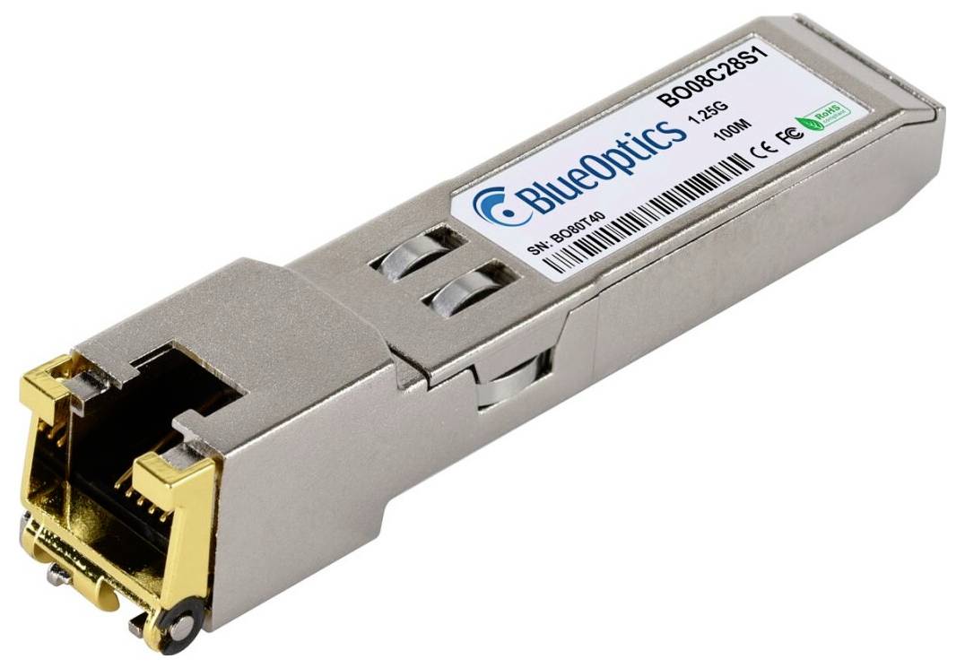 BlueOptics Optisches Transceiver-Modul mit RJ45-Ethernet-Anschluss, dargestellt auf weißem Hintergrund.