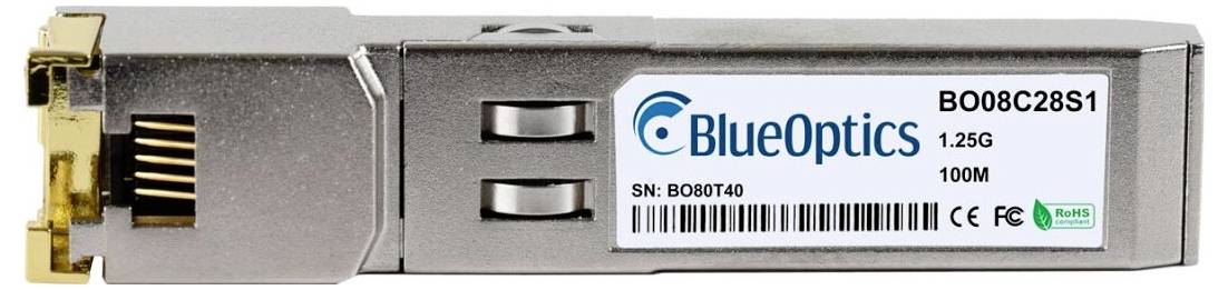 BlueOptics SFP-Transceiver-Modul mit Etikett, das das Modell B00C28S1, 1.25G, 100M und die Seriennummer auf dem Gehäuse zeigt.