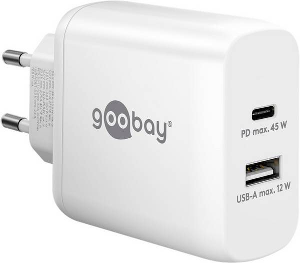 Goobay Dual USB Netzteil 45W, Universal Ladegerät Power Delivery, USB-C & USB-A Port Adapter Fast Charger, Weiß