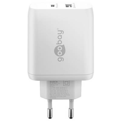 Weißes Goobay Wandladegerät mit zwei USB-Anschlüssen und EU-Stecker mit zwei Stiften, shown front view on a white background.