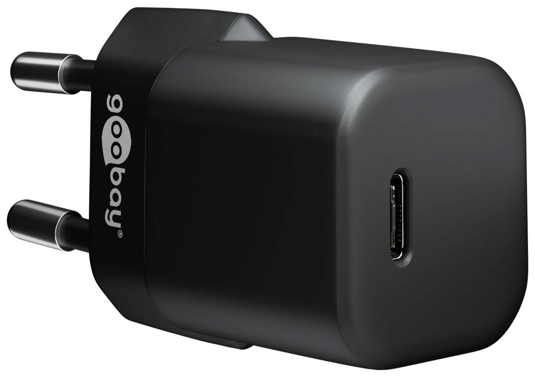 Schwarzer USB-C-Wandladegerät mit zwei runden EU-Steckerkontakten und einem USB-C-Anschluss, gezeigt auf weißem Hintergrund.
