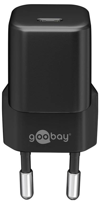 Schwarzer Goobay USB-Wandladegerät mit einem USB-Anschluss und zwei europäischen Steckerkontakten.
