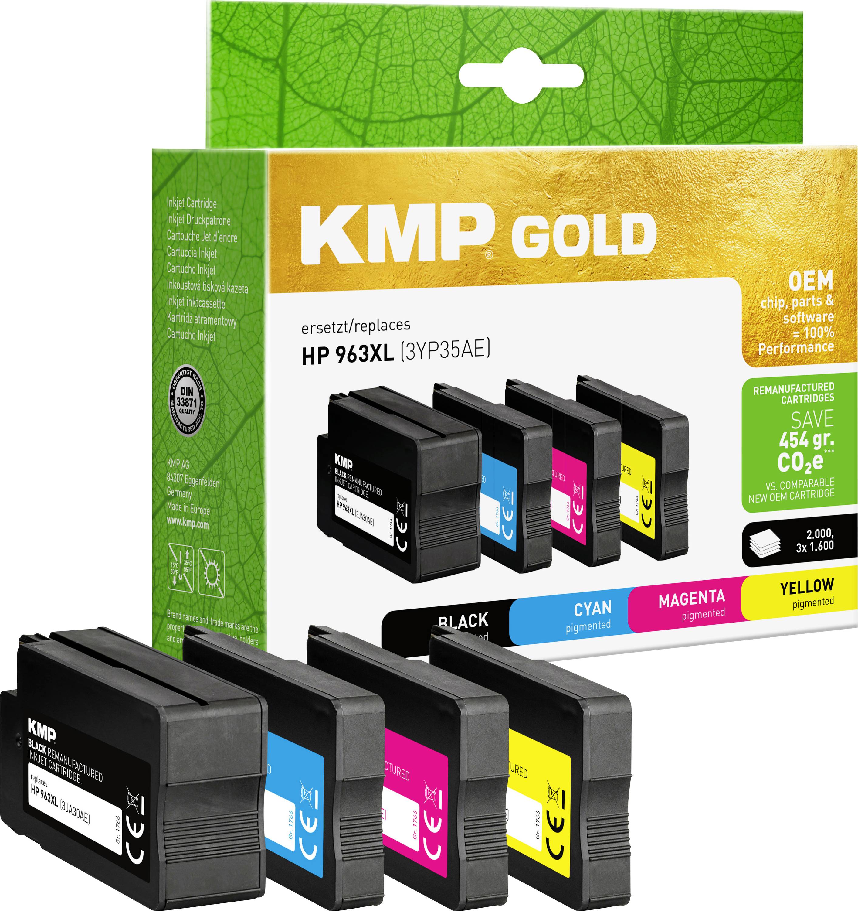 KMP Gold Ersatz-Tintenpatronen für HP 963XL, zeigt schwarze, cyan-, magenta- und gelbe Pigmentpatronen in Produktverpackung und lose Patronen.