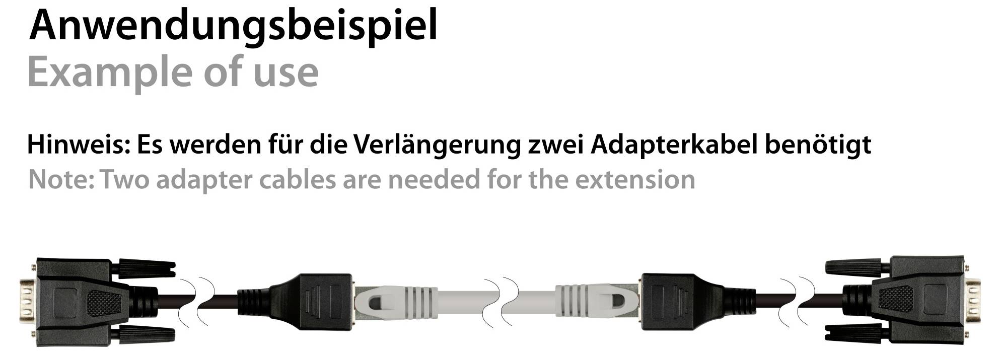 Anleitung mit Grafik zur Einrichtung einer Kabelverlangerung: Zwei Adapterkabel verbinden passende Anschlüsse an den Enden miteinander. Der Text lautet: „Zwei Adapterkabel werden für die Verlängerung benötigt."