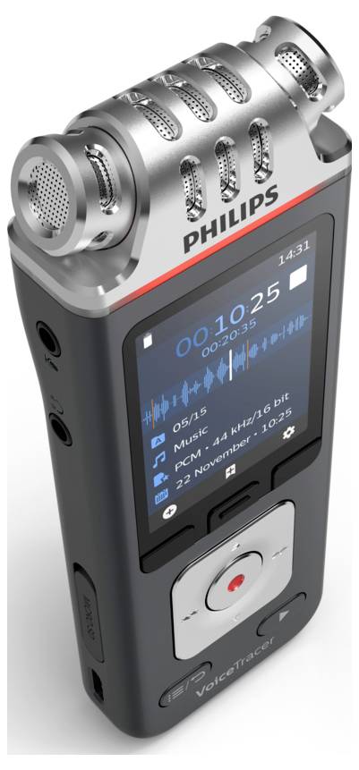 Philips digitales Diktiergerät mit Bildschirm, auf dem Audioaufnahmepegel und Wiedergabesteuerungen angezeigt werden