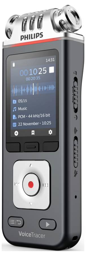 Philips VoiceTracer digitales Diktiergerät mit Bildschirm, der eine 10:25-Aufnahme um 14:31 Uhr anzeigt.