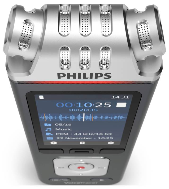Philips digitales Diktiergerät mit aktiver Aufnahme, Wellenform angezeigt, verstrichene Zeit 00:10:25 und Dateidetails auf dem Bildschirm.