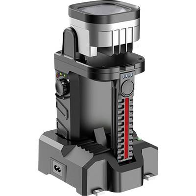 Kompaktes Batteriepack mit vertikalem rotem Ladestandanzeiger, Bedienknopf und elektrischen Anschlussanschlüssen auf einer schwarz-grauen Basis.