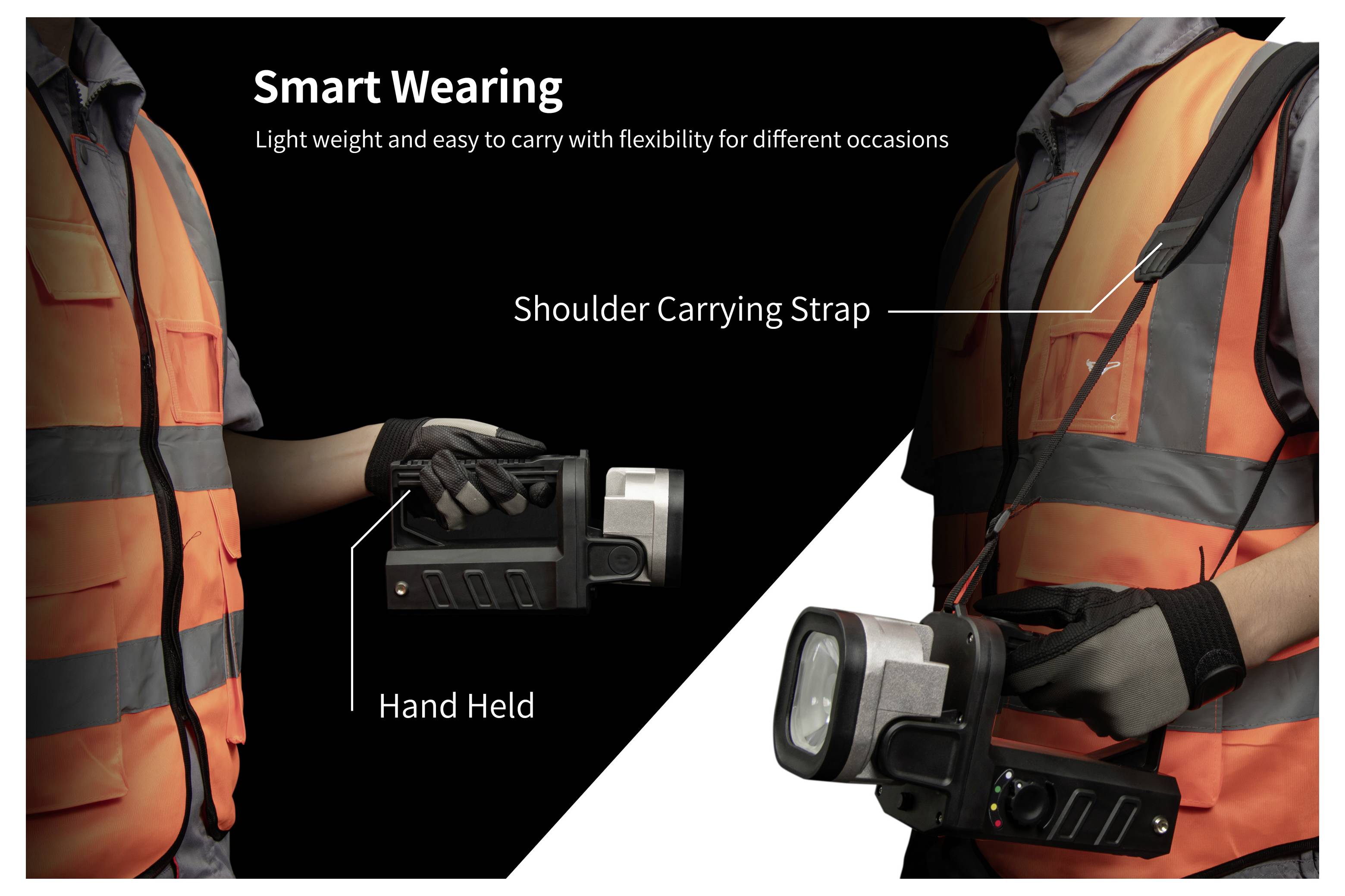 Werbebild eines tragbaren Lichts mit der Bezeichnung „Smart Wearing", das einen Arbeiter zeigt, der einen Schultergurt zum Tragen und einen Handgriff für flexible Trageoptionen verwendet.