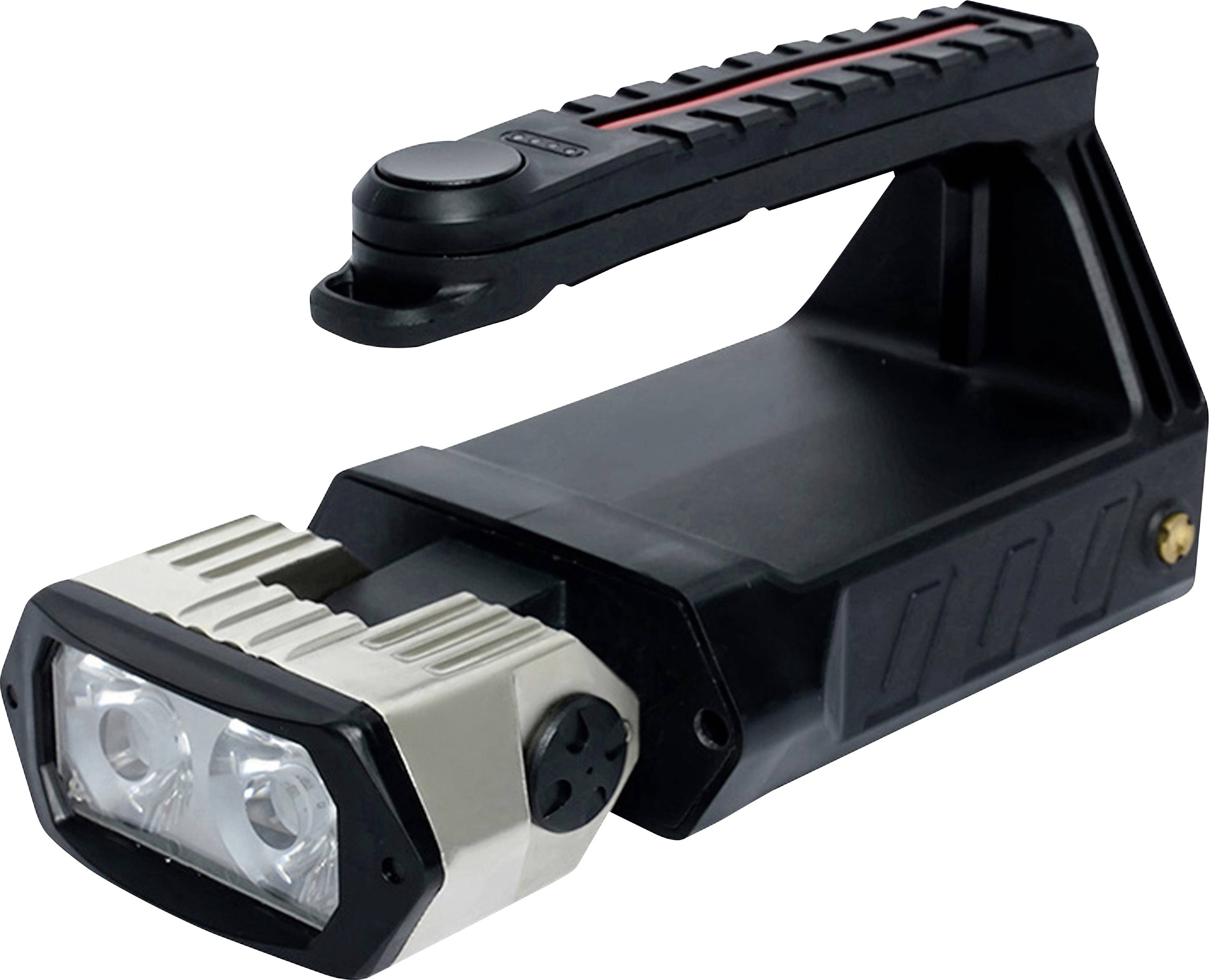 Tragbare handgehaltene Arbeitsleuchte mit zwei vorderen LEDs und klappbarem oberen Griff, gezeigt auf weißem Hintergrund.