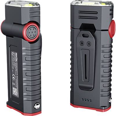 Kompakte schwarze tragbare Arbeitsleuchte oder Taschenlampe, von vorne und hinten gezeigt, mit roten Seitentasten und einer Gürtelklammer auf der Rückseite.
