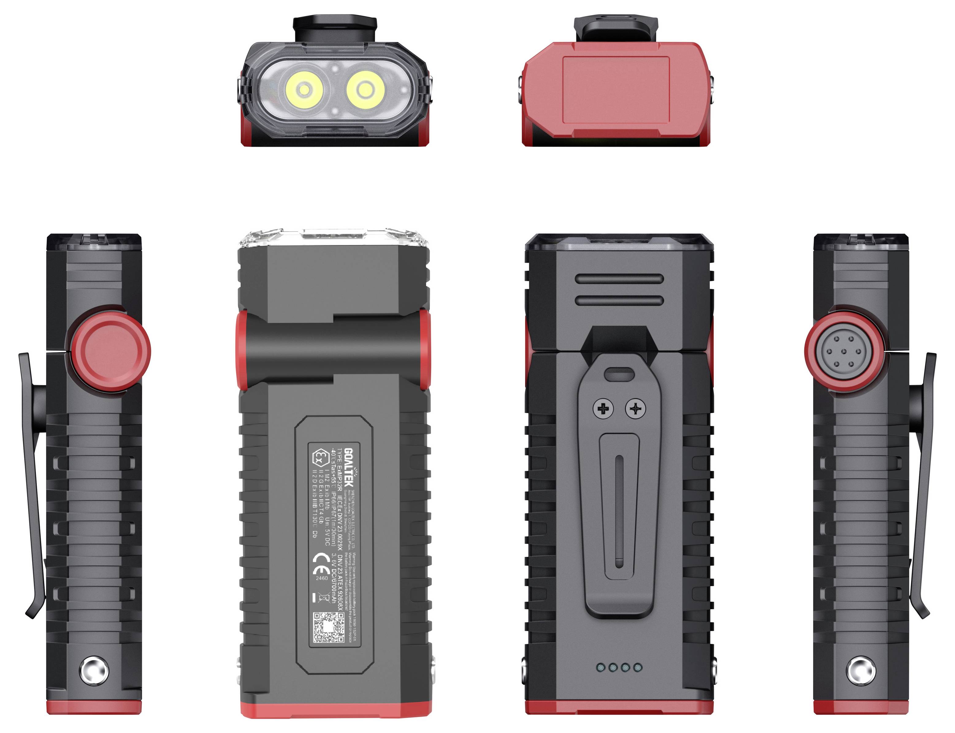 Mehrformige Ansicht einer schwarzen und roten tragbaren Arbeitsleuchte, die Vorder-, Rück-, Seiten- und Oberansicht mit zwei LED-Lampen und einem Gürteklip zeigt.