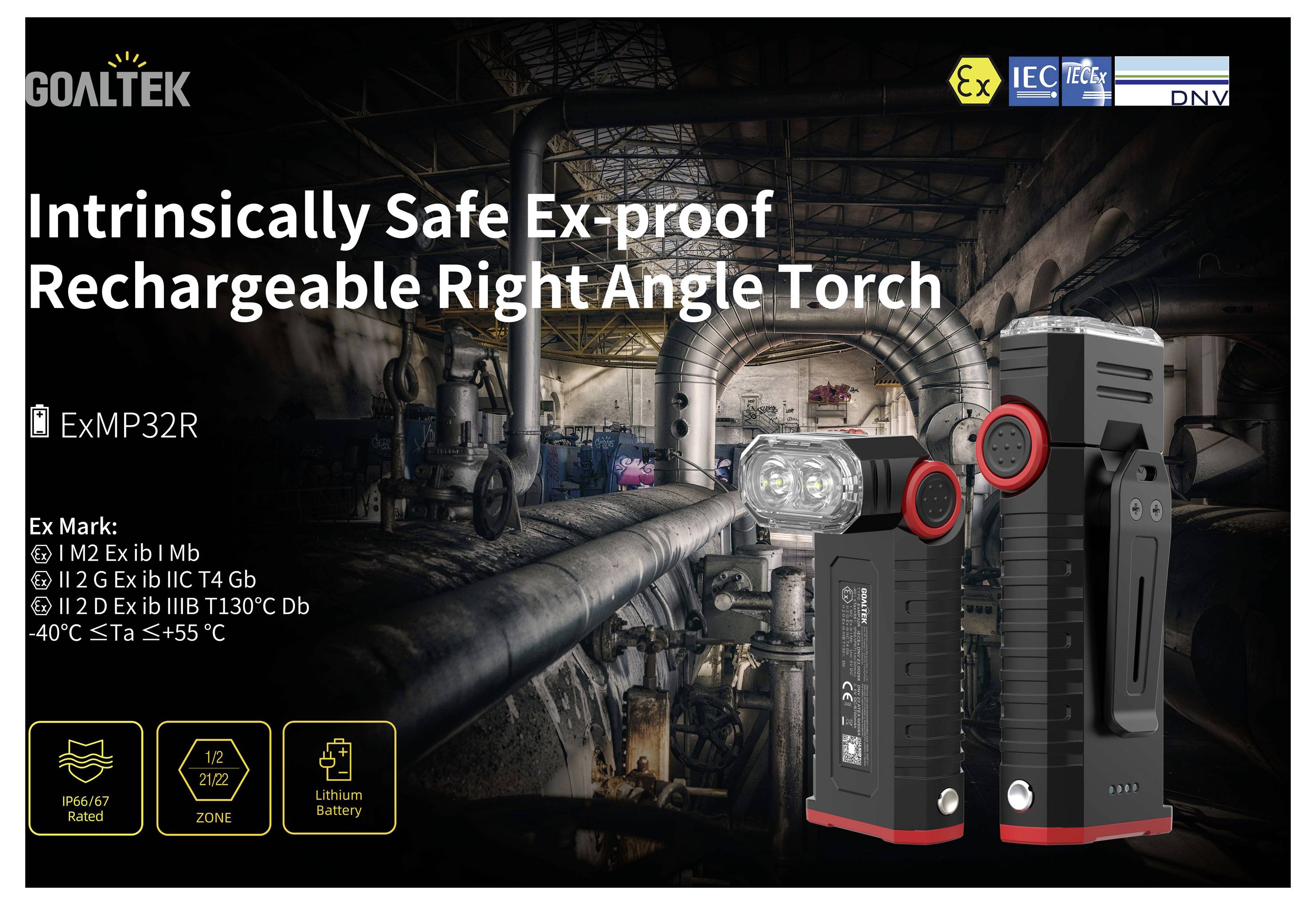 Produktanzeige zeigt GOLTEK intrinsisch sichere Ex-sichere aufladbare Winkelleuchte, Modell ExMP32R, mit Zertifizierungslogos und explosiver Minenschacht-Hintergrund.