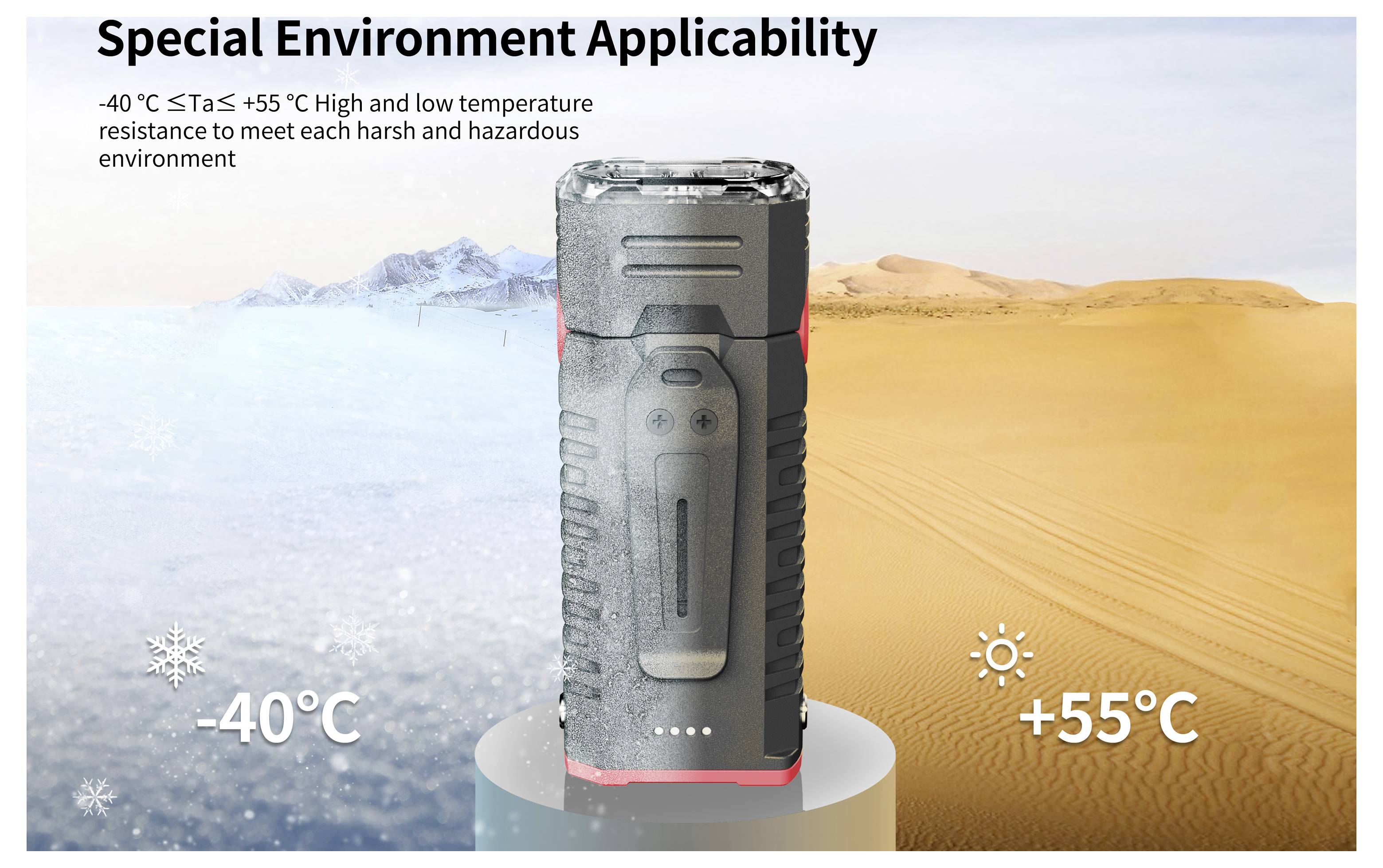 Tragbares Gerät, das zwischen eisiger und Wüstenlandschaft gezeigt wird, mit der Bezeichnung „Anwendbarkeit in Spezialumgebungen" und bewertet für -40°C bis +55°C Hochtemperatur- und Tieftemperaturbeständigkeit.
