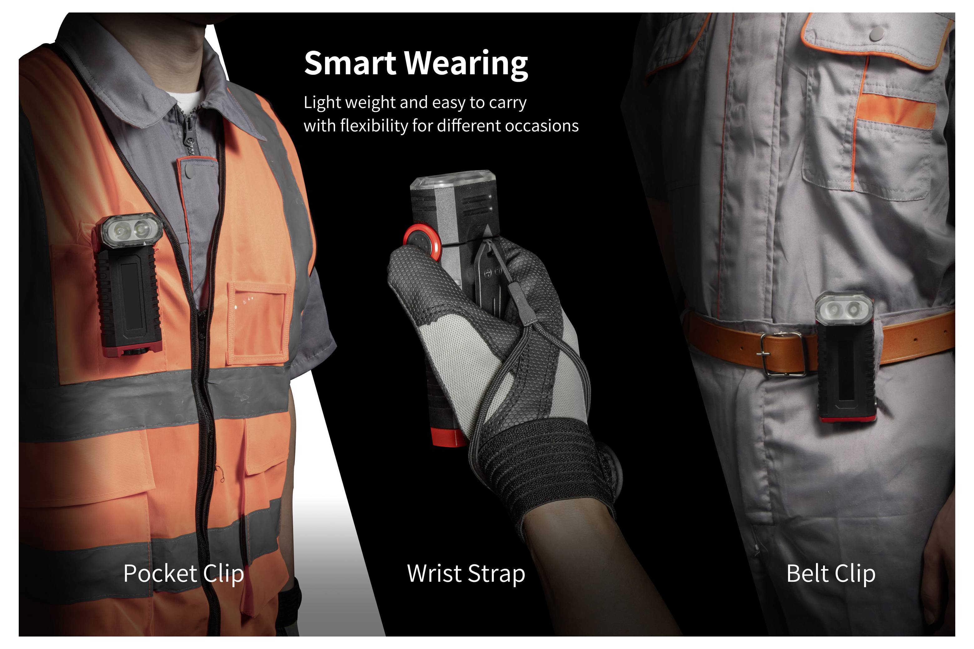 Werbebild eines tragbaren Geräts mit „Smart Wearing"-Optionen: Taschenklemme, Armband und Gürtelclip für einfaches Tragen.