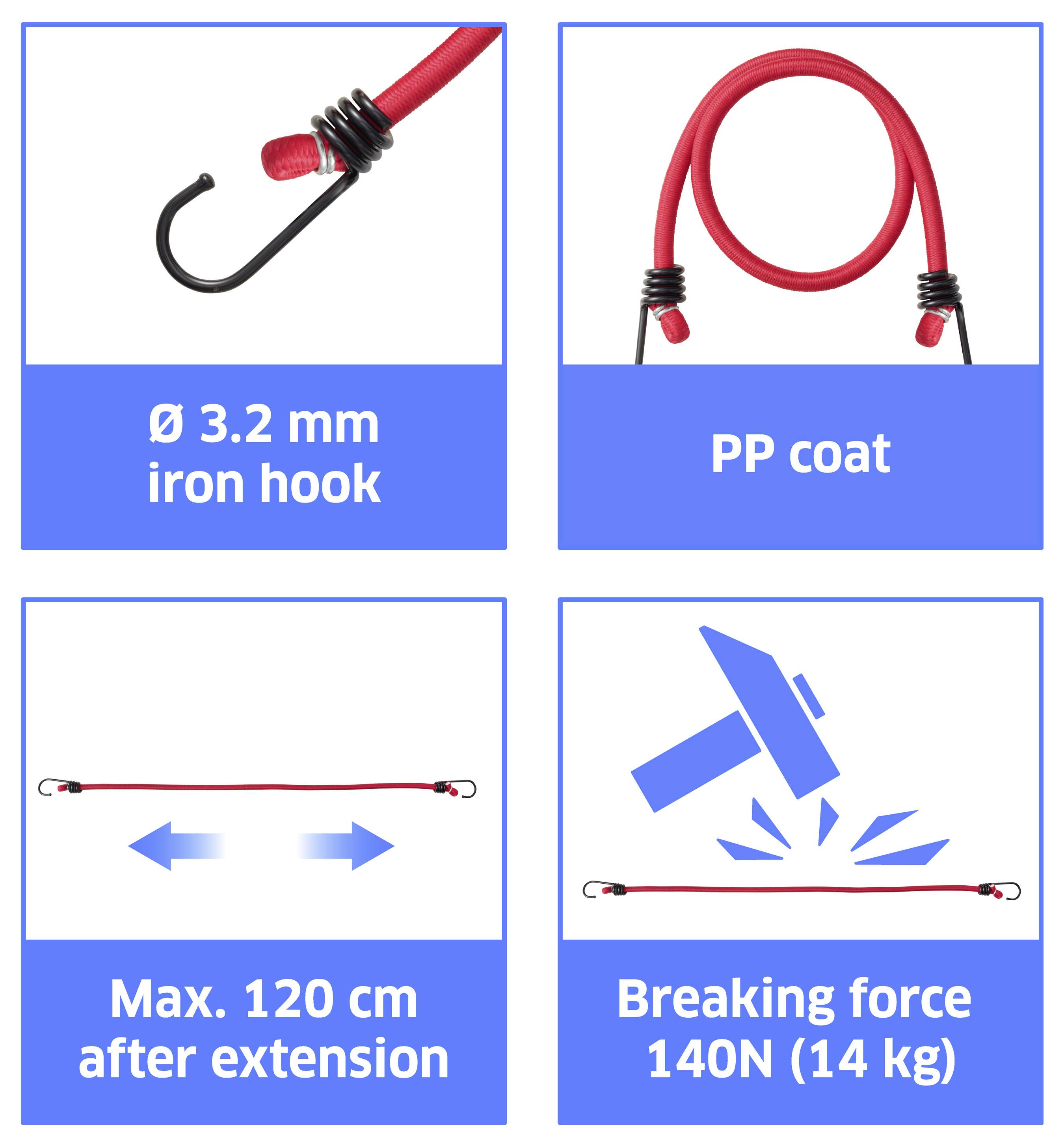 Vierteiliges Produktgrafik, das ein rotes elastisches Seil zeigt: 3,2 mm Eisenhaken, PP-Beschichtung, max. 120 cm nach Verlängerung, und Bruchkraft 140 N (14 kg).