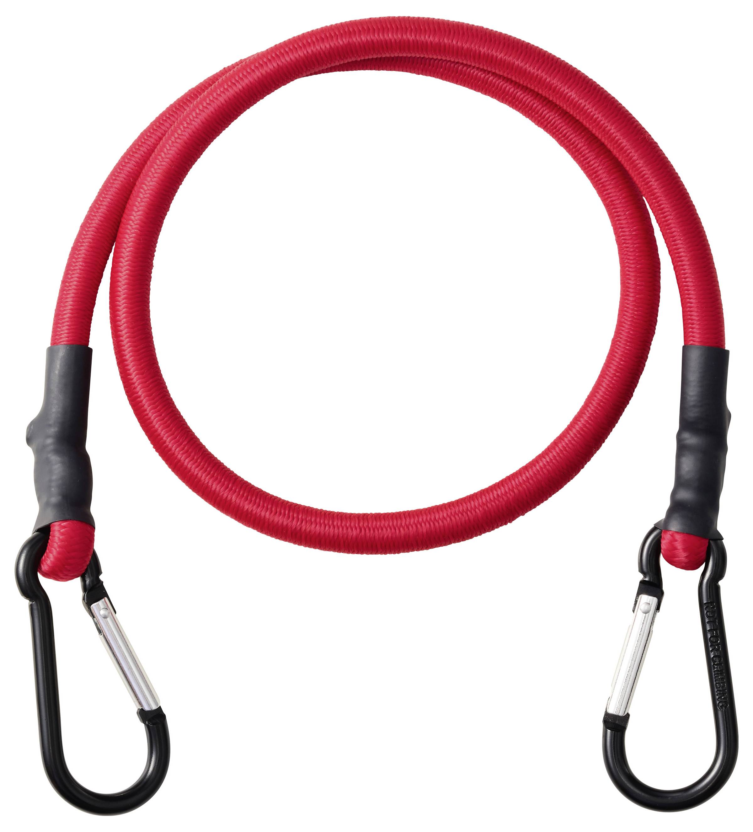 Rotes Klettersicherungsseil mit zwei schwarzen Karabinern, aufgerollt und isoliert auf weißem Hintergrund.