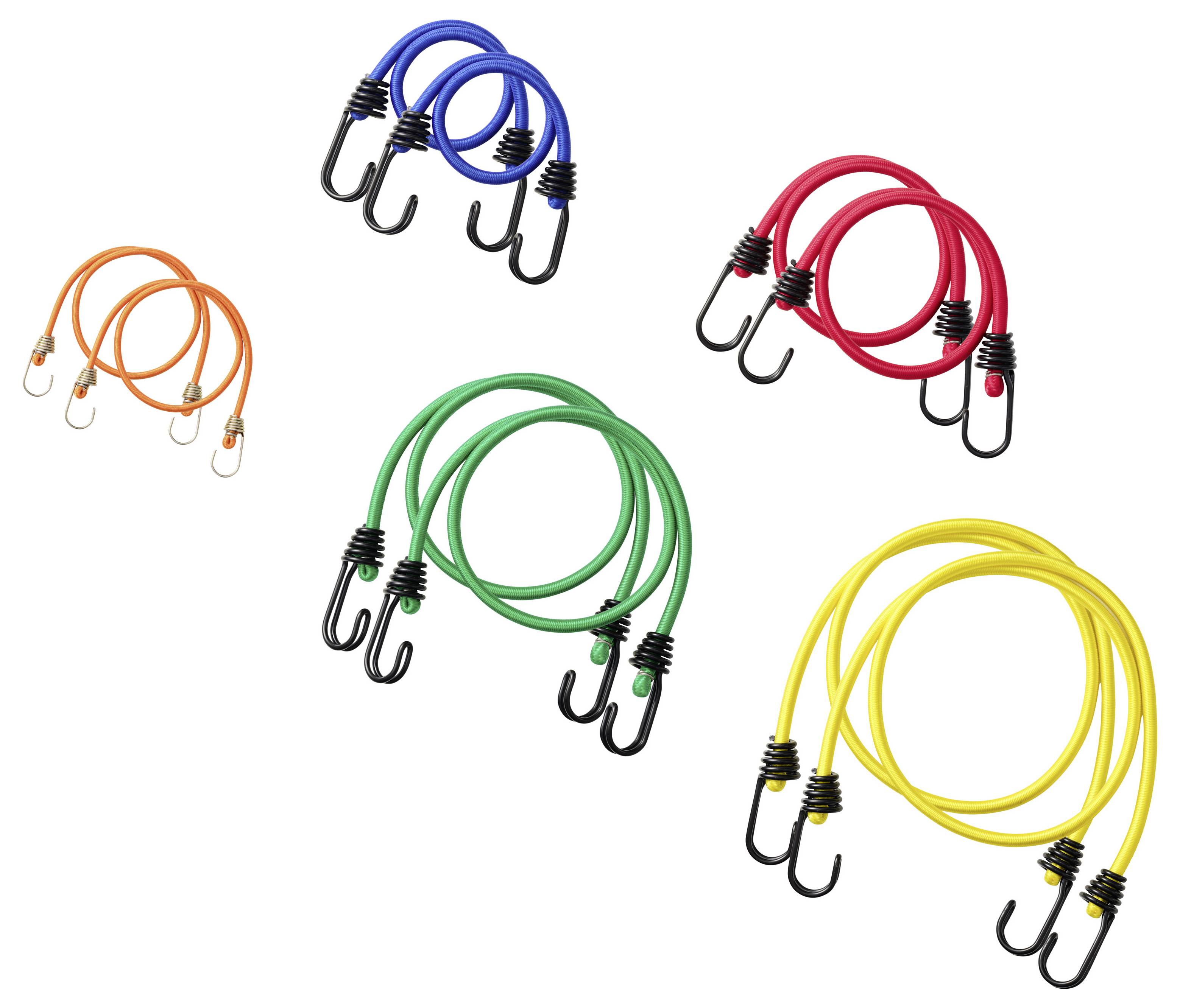 Fünf farbenfrohe aufgerollte Kabel mit schwarzen Hakenendet, gezeigt in Blau, Rot, Orange, Grün und Gelb auf weißem Hintergrund.