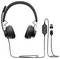 Schwarze Over-Ear-Kopfhörer mit Kabel, integriertem Mikrofon, Stummschalt-/Wiedergabetasten und USB-C- sowie USB-Adaptern auf weißem Hintergrund.