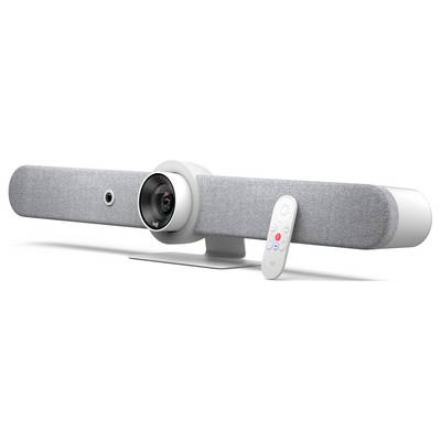 Eine graue Logitech-Videokonferenz-Soundbar mit integrierter Kamera und Fernbedienung auf weißem Hintergrund.