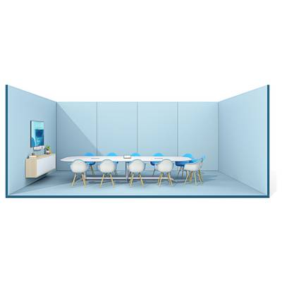 Minimalistischer blauer Konferenzraum mit langem weißem Tisch, acht Stühlen, wandmontiertem Bildschirm und Sideboard mit Deko und Pflanze.