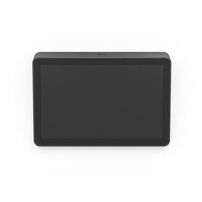 Schwarzes rechteckiges Touchscreen-Tablet oder Display von vorne betrachtet vor weißem Hintergrund.