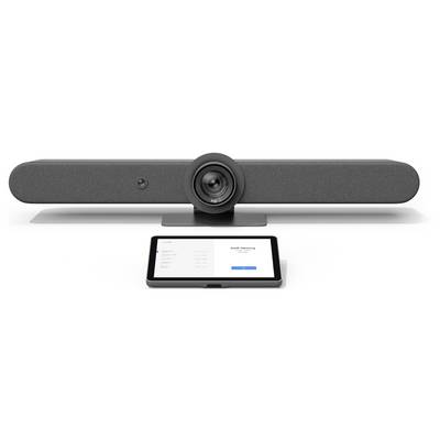 Videokonferenz-Leiste mit integrierter Kamera und Mikrofon über einem Tablet, das auf einem Schreibtisch einen Einrichtungs- oder Steuerungsbildschirm anzeigt.