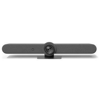 Grauer Videokonferenz-Soundbar mit Kamera, zentriertem Objektiv und langer Sprecherleiste auf einem kleinen Ständer.