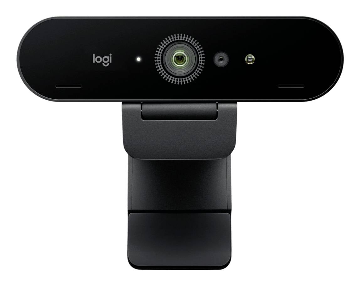 Schwarze Logitech-Webcam mit zentralem Objektiv und integrierter Datenschutzabdeckung/Ständer auf weißem Hintergrund