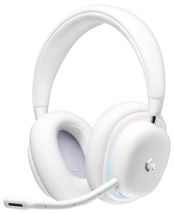 Weiß Over-Ear-Gaming-Headset mit Boom-Mikrofon und RGB-Beleuchtungsakzenten, gezeigt auf einem schlichten weißen Hintergrund.