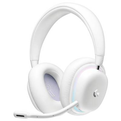 Weiß Over-Ear-Gaming-Headset mit Boom-Mikrofon und RGB-Beleuchtungsakzenten, gezeigt auf einem schlichten weißen Hintergrund.