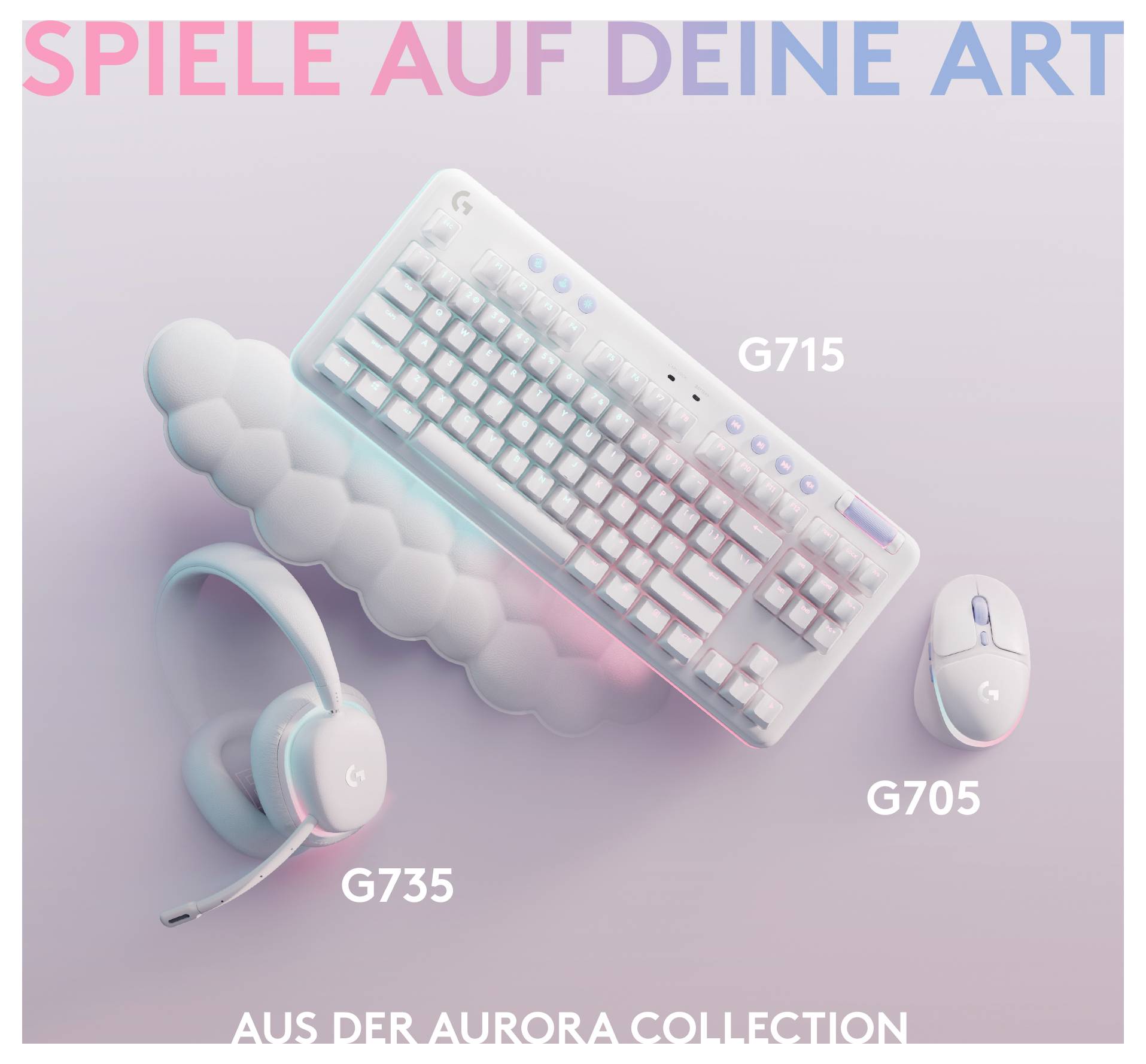 Logitech Aurora Collection Anzeige mit einer G715 Tastatur, einem G735 Headset und einer G705 Maus auf einem Pastellhintergrund.