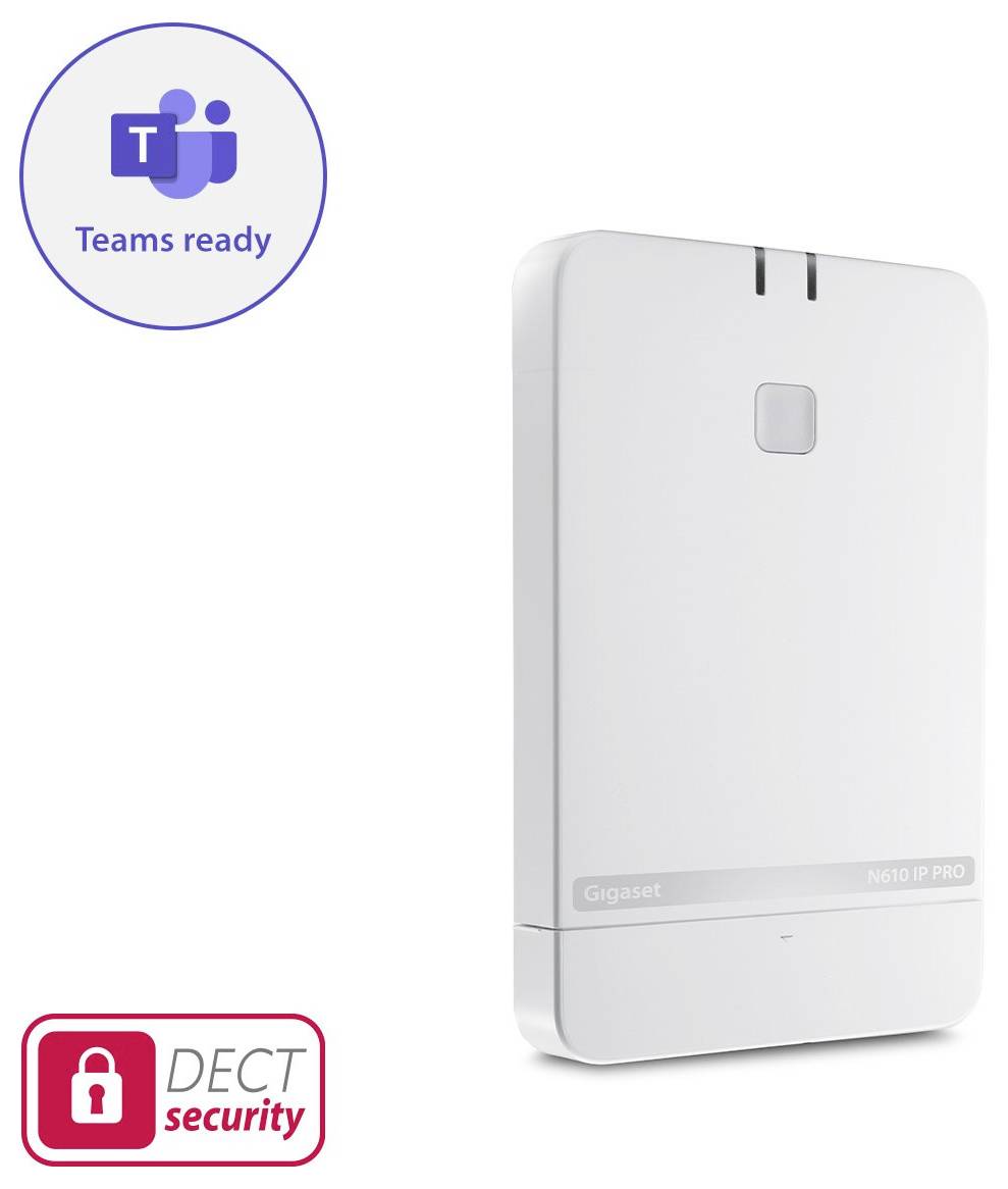 Weiße Gigaset N610 IP PRO Basisstation mit Abzeichen „Teams ready" und „DECT security".