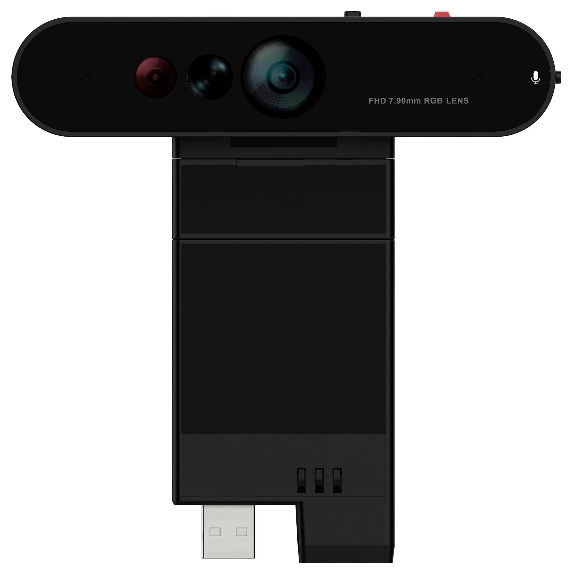 Schwarze USB-Webcam mit integriertem Mikrofon und drei Objektiven, beschriftet mit „FHD 7.90mm RGB LENS".