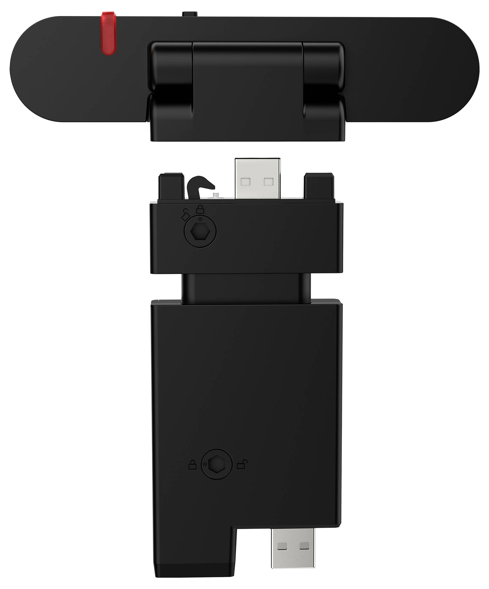Schwarzes USB-Speicherlaufwerk mit aufklappbarem Deckel und rotem Anzeigezeichen, Vorderansicht auf weißem Hintergrund.