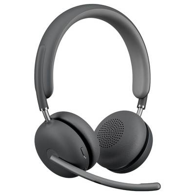 Schwarze kabellose Over-Ear-Kopfhörer mit Boom-Mikrofon auf weißem Hintergrund.