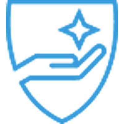 Blaues Umrisssymbol eines Schilds über einer offenen Hand mit einem Funkeln, das Schutz, Sicherheit oder Fürsorge andeutet.