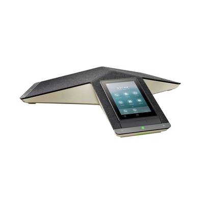 Ein Konferenzlautsprecher mit zentralem Touchscreen-Display und breitem Mikrofongehäuse, gezeigt vor weißem Hintergrund.