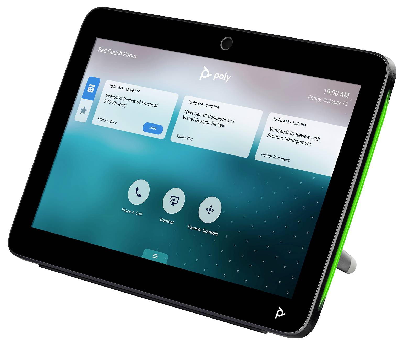 Poly-Touchscreen-Raumplanungspanel mit heutigen Besprechungen und Schnellaktionen wie Anruf tätigen, Inhalt und Kameraregelung.