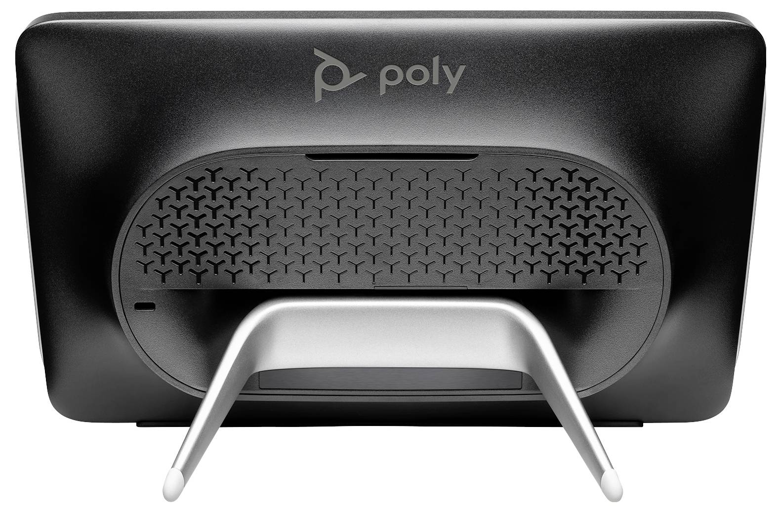 Rückansicht eines Poly-Desktopgeräts mit integriertem Ständer und perforiertem Lautsprechergitter.