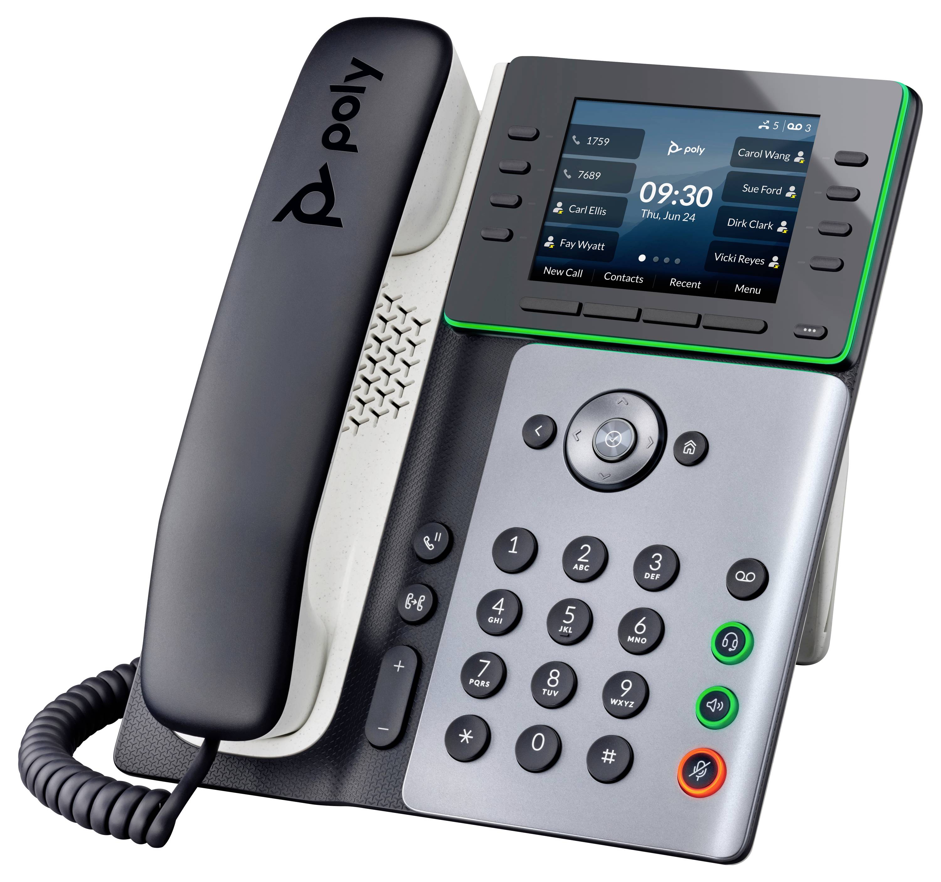 Desktop-Bürotelefon mit Telefonhörer, Tastatur und farbigem Bildschirm, auf dem Kontakte und die Uhrzeit 09:30 angezeigt werden.
