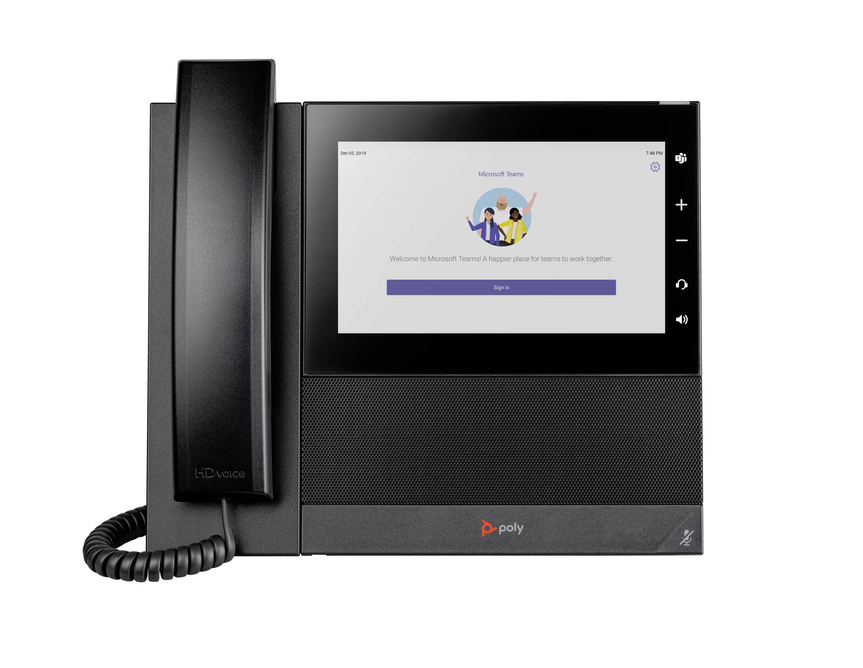 Poly Schreibtischtelefon mit angedocktem Hörer, zeigt einen Microsoft Teams-Willkommensbildschirm und eine Schaltfläche "Anmelden" auf dem Display.