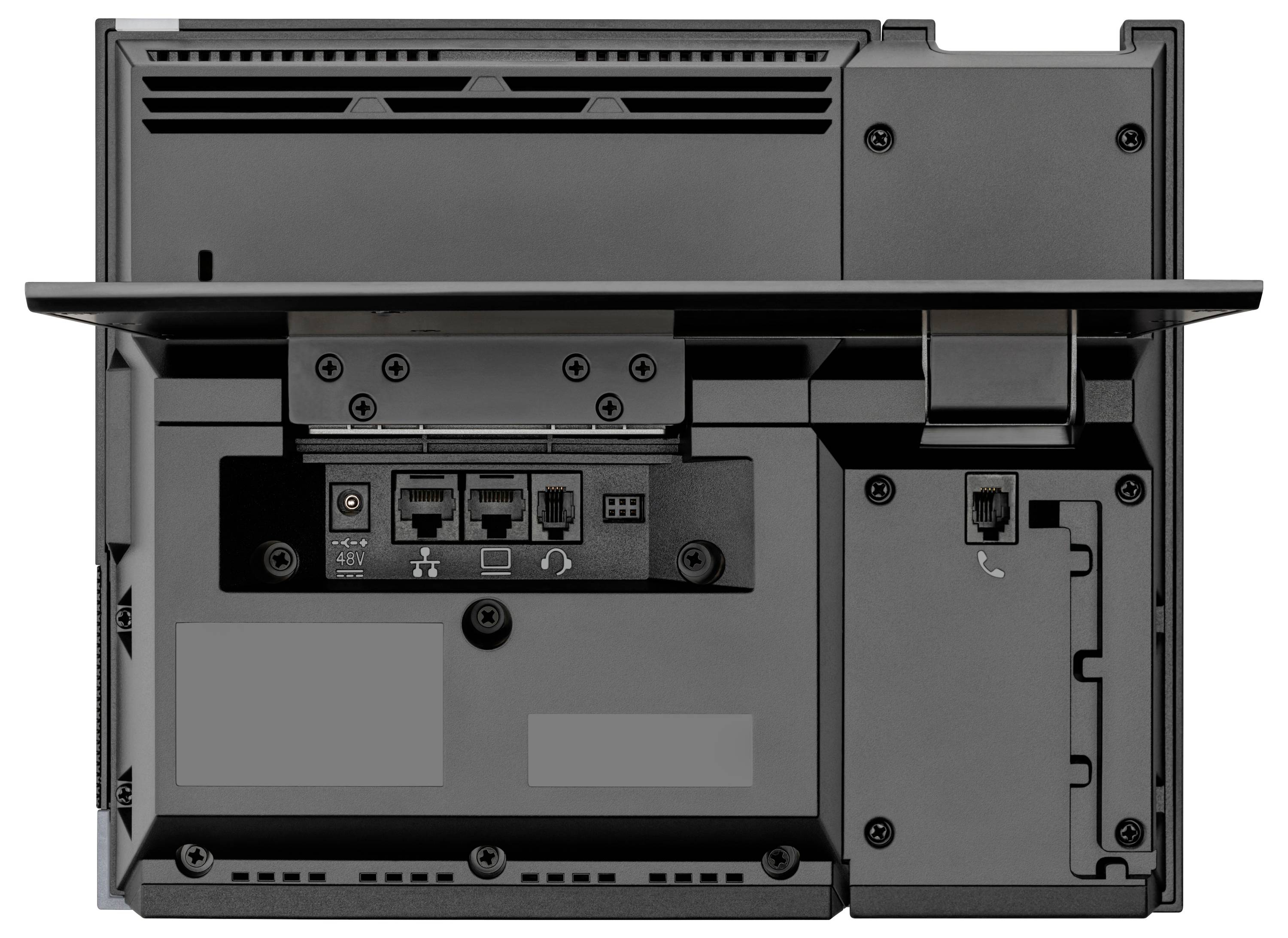 Rückansicht eines schwarzen elektronischen Geräts mit Befestigungshalterung, Belüftungsschlitzen und mehreren Anschlussfeldern und Steckerleisten.