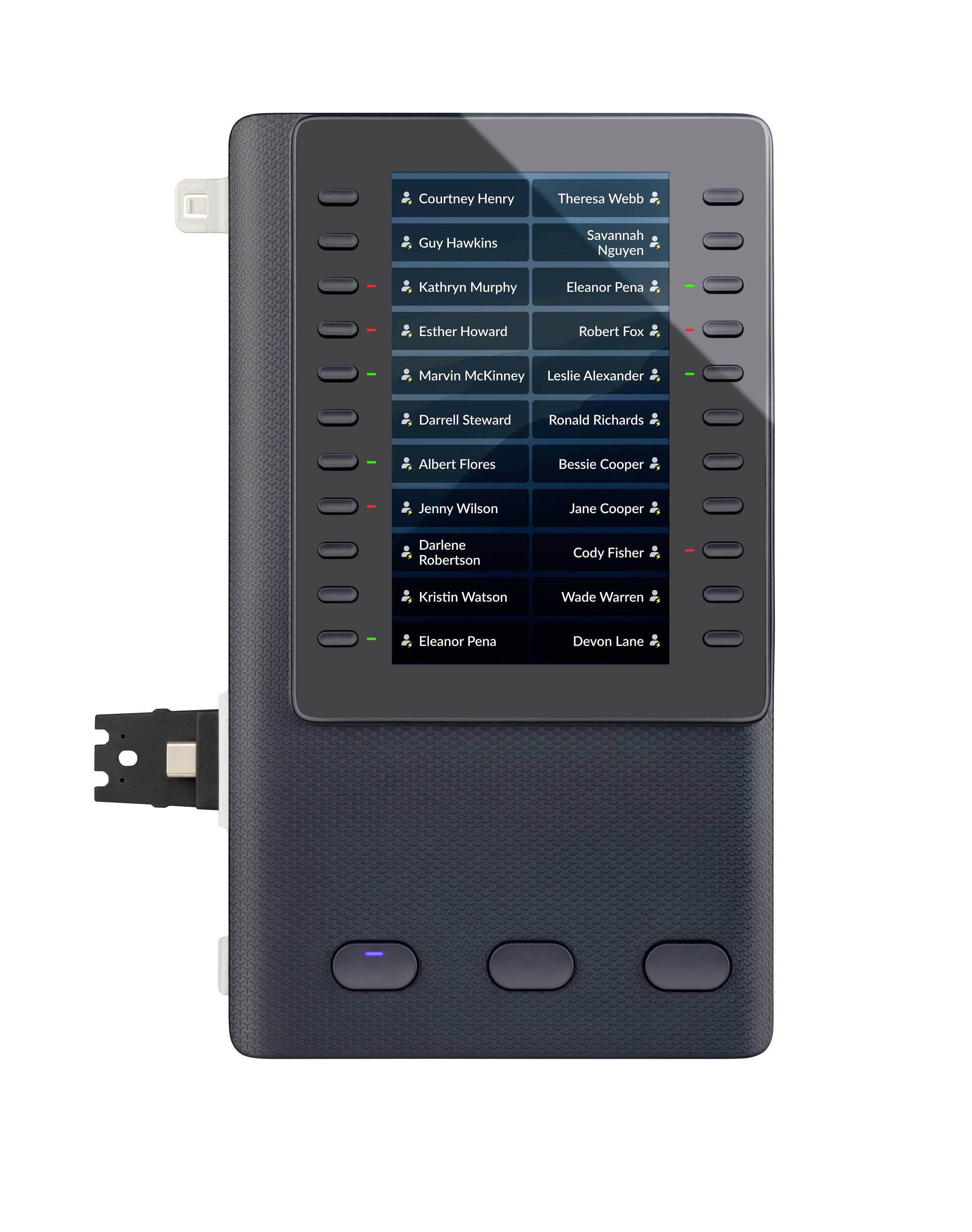 Tragbares Touchscreen-Kommunikationsgerät mit einer Kontaktliste, Seitenschaltflächen und Bodenreglern, montiert in einem robusten schwarzen Gehäuse.