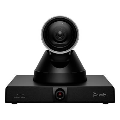 Schwarze Poly-Videokonferenzkamera mit großem Objektiv auf einer Basiseinheit, Vorderansicht auf weißem Hintergrund.