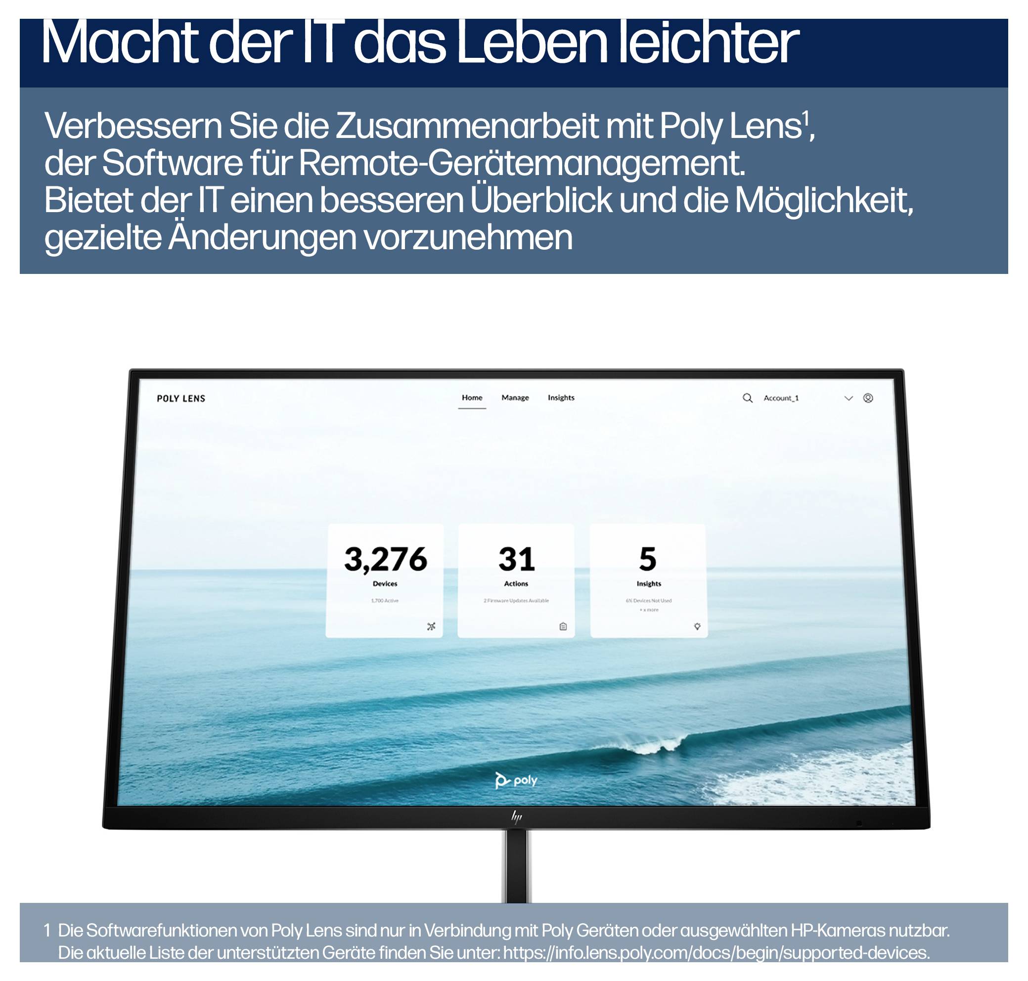 Poly Lens Remote-Geräteverwaltung – Werbegrafik mit Monitor-Dashboard mit 3.276 Geräten, 31 Maßnahmen und 5 Erkenntnissen.
