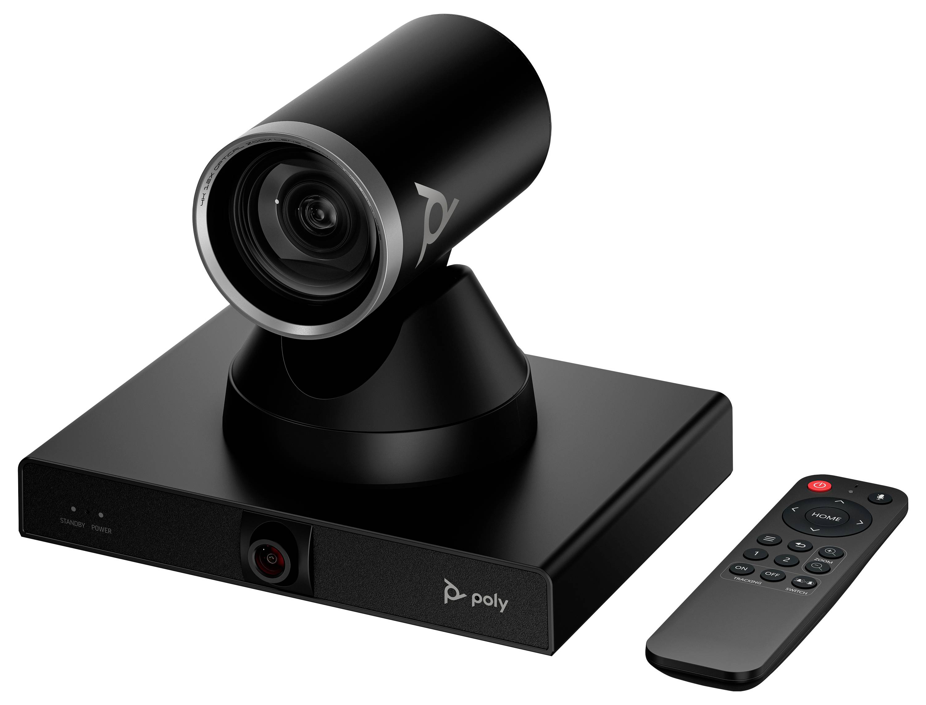 Schwarze Poly-Videokonferenzkamera auf einer Basiseinheit mit einer Fernbedienung daneben.