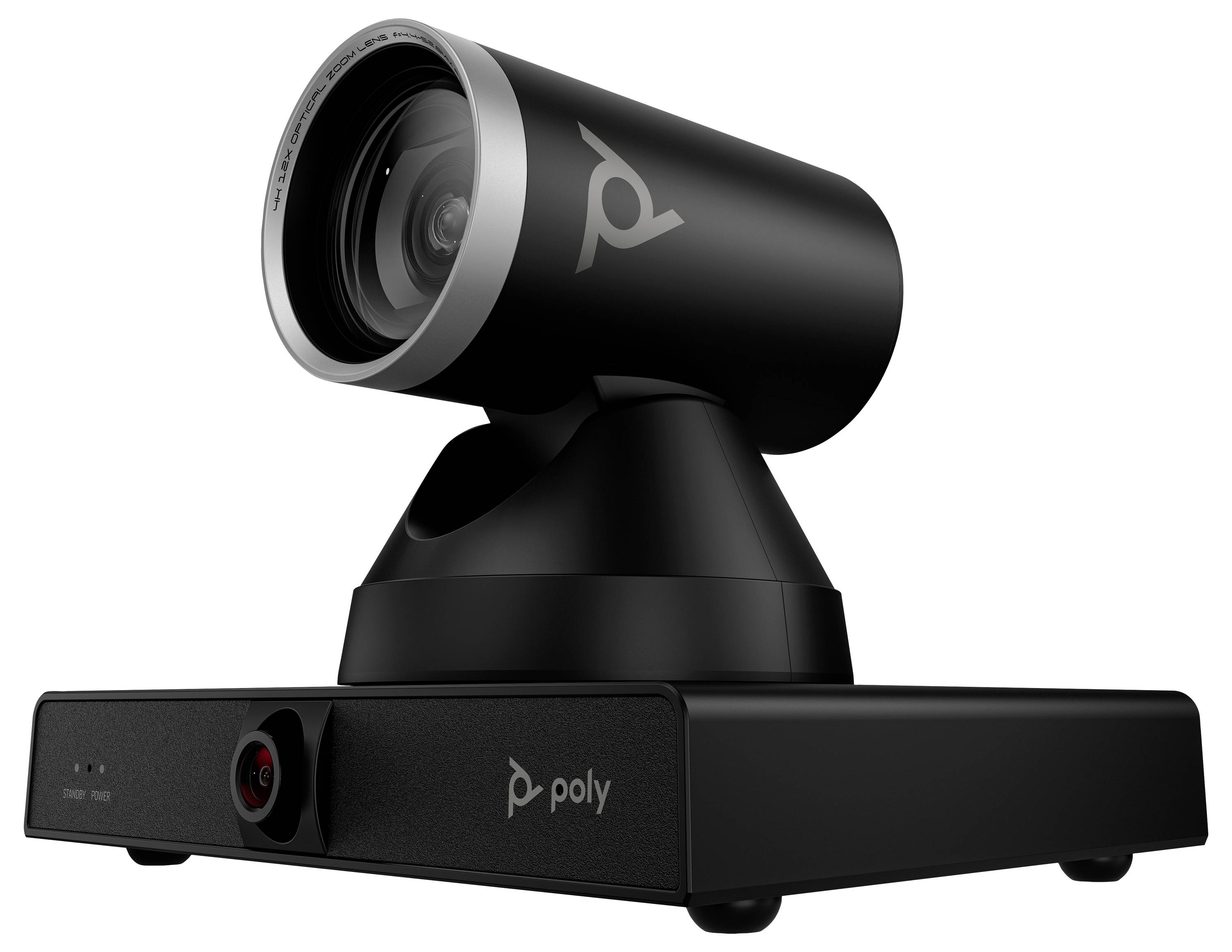 Schwarze Poly-Konferenzraumkamera mit Weitwinkelobjektiv auf rechteckiger Basis, auf weißem Hintergrund dargestellt.
