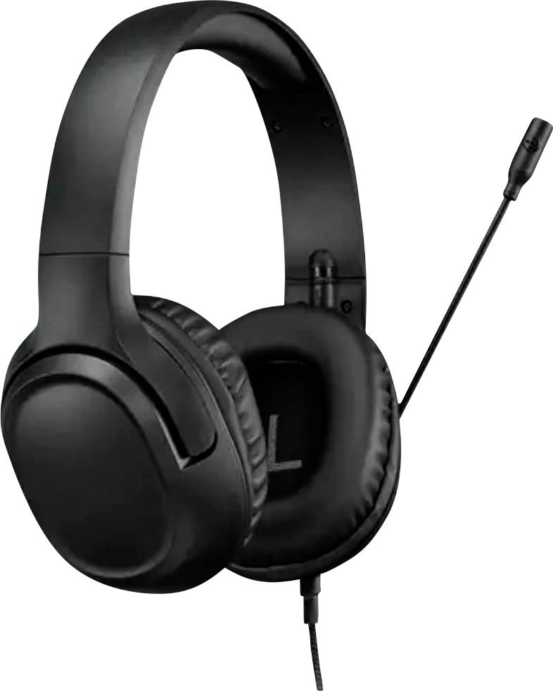 Schwarzes Over-Ear-Gaming-Headset mit gepolsterten Ohrmuscheln und verstellbarem Boom-Mikrofon auf weißem Hintergrund.